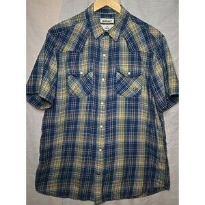 Ariat Retro Fit Snap Button Shirt Lg Blue Green Short Sleeve Sawtooth Pocket